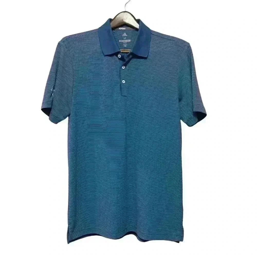 Adidas Golf Polo Shirt Mens Sz M Blue Striped Short Sleeve Moisture Wicking